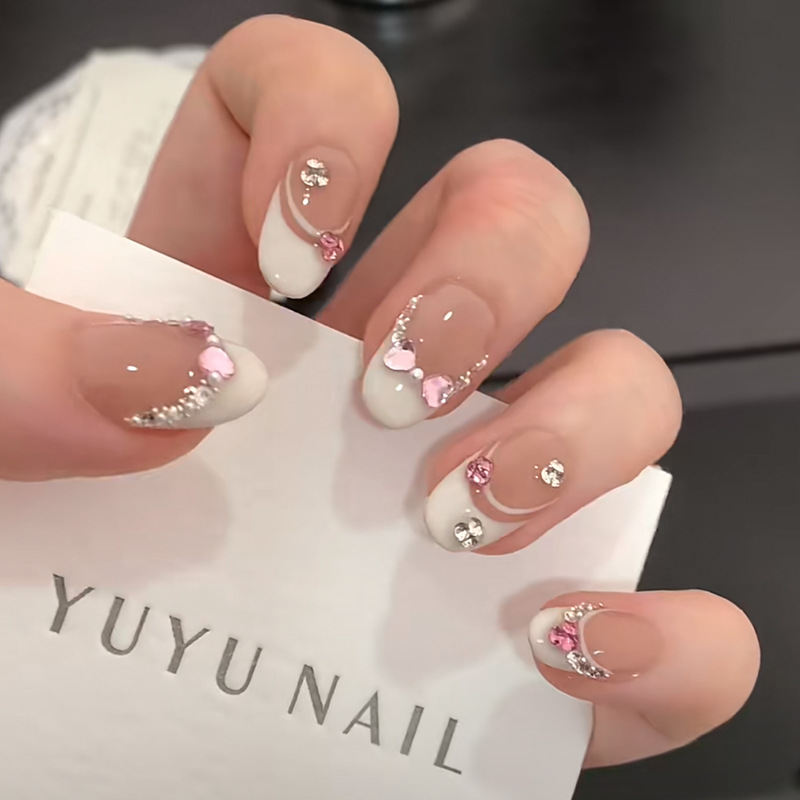 Nail Art Pink - 10Pcs White French Pink Heart Diamond