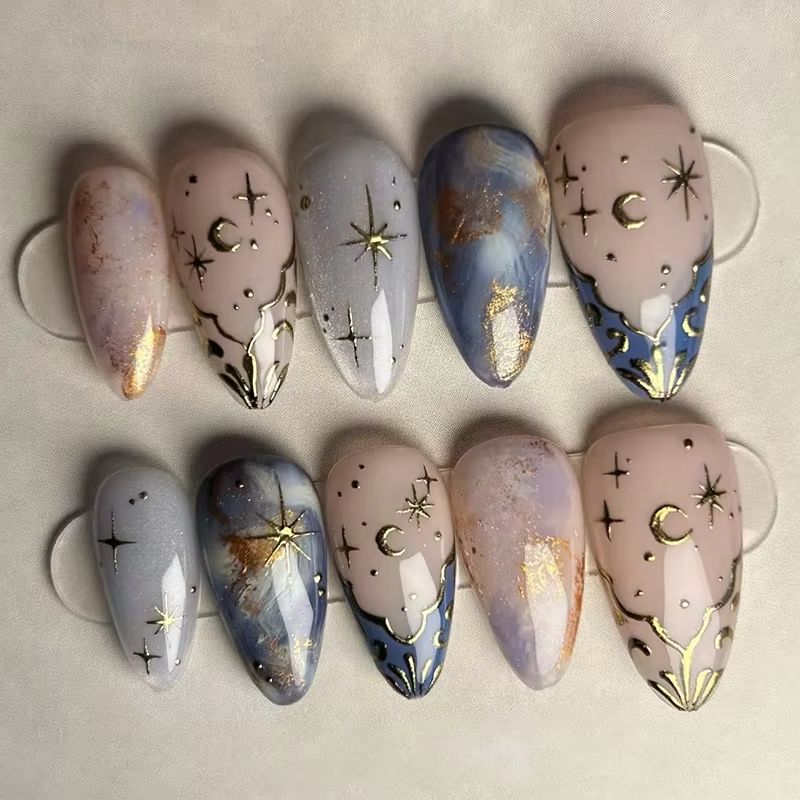 Nail Art Glitter - 24Pcs Short Almond Nails Set Full