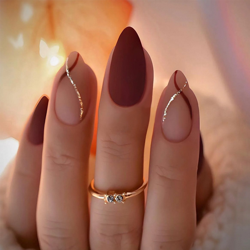 Nail Art Pink - 24pcs Mid-Length Almond Gold Stripe Medium