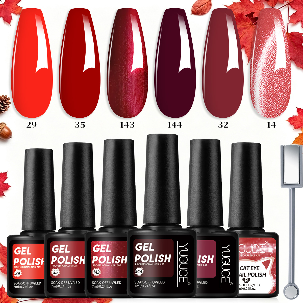 Nail Art Red Wine Cat Eye - 7-piece wine red and burgundy red