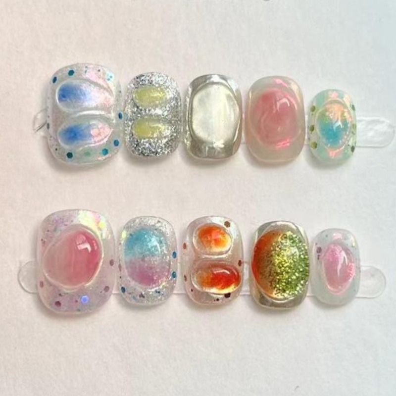 Nail Art Glitter - 10Pcs Cute Short Round Handmade Fake