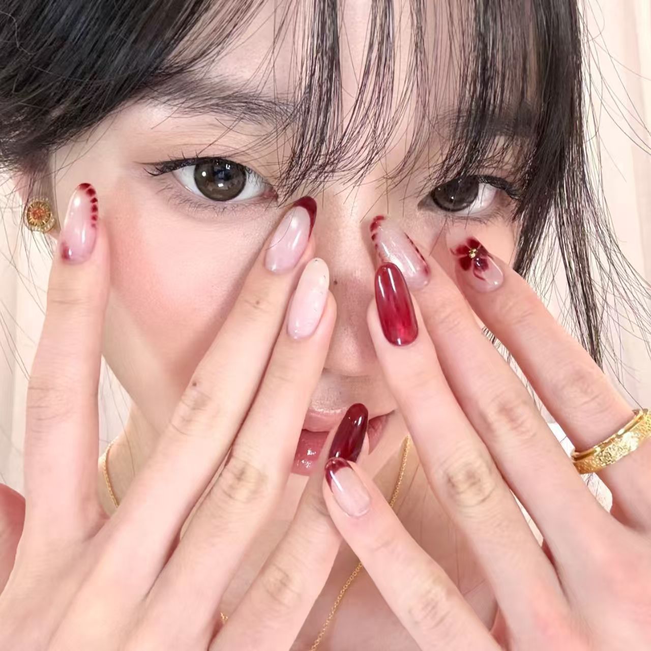 10pcs Handmade Oval Press On N - Nail Art Red Wine Cat Eye recension och pris